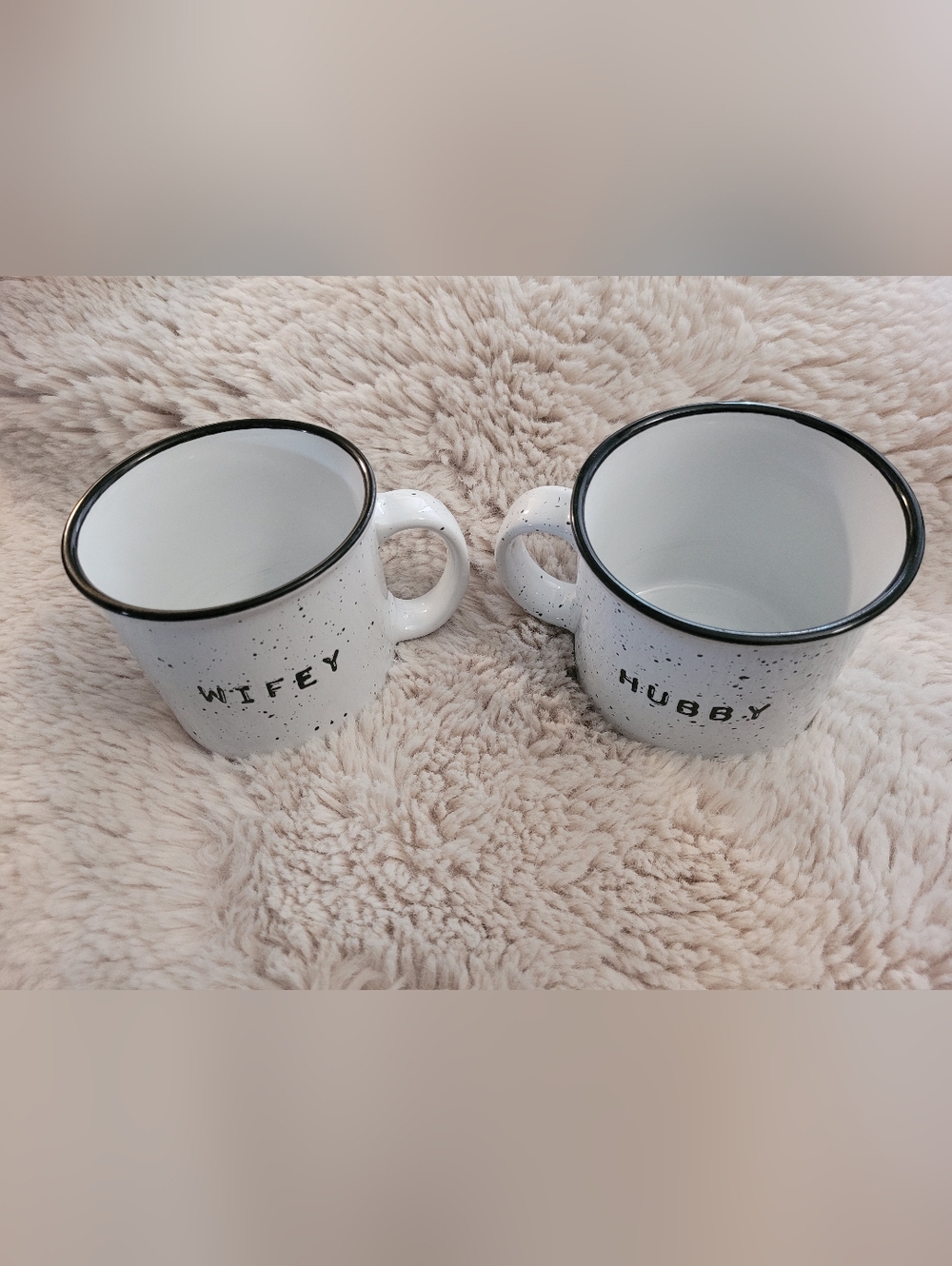 Source Unknown White Speckled "Wifey" & "Hubby" Mugs with Black Rim